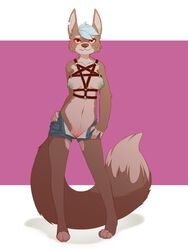 2020 3:4 absurd_res anthro barefoot breasts brown_body brown_fur canid canine canis conditional_dnp digital_media_(artwork) dipstick_tail domestic_dog elijah-draws feet female fur genitals hi_res looking_at_viewer mammal markings multicolored_tail navel nipple_piercing nipples notched_ear piercing pussy riley_(elijah-draws) shaded simple_background solo standing tail_markings