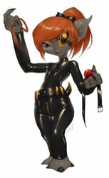 2019 asura ball_gag beckoning black_latex clothing dominant dominant_female eye_patch eyewear female first_person_view gag gesture guild_wars hair hi_res humanoid leash leashed_pov licheart nails no_humans orange_hair rubber rubber_clothing rubber_suit sharp_nails solo video_games