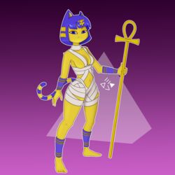 animal_crossing ankha bandages bandages_around_chest blue_hair cat_humanoid chest_wraps devameeks feline_humanoid female fur furry multicolored_body nintendo purple_eyes ringed_tail video_games wide_hips yellow_fur