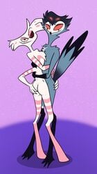 angel_dust_(hazbin_hotel) arachnid arthropod ass avian bird chest_tuft cuddling darkajugin demon duo hazbin_hotel helluva_boss hi_res hind_legs male male/male male_only nude owl owl_demon spider spider_demon stolas_(helluva_boss) tall tuft