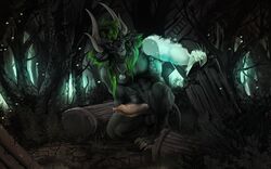 2021 4_ears 4_horns animal_genitalia anthro balls black_body black_fur black_hair bodily_fluids charr claws crouching digital_media_(artwork) erection felid finger_claws forest forest_background fur genital_fluids genitals green_eyes green_hair guild_wars hair hi_res horn i-psilone jewelry male mammal missing_arm multi_ear multi_horn multicolored_hair muscular muscular_anthro muscular_male nature nature_background necklace outside penis pillar plant precum sheath solo tree two_tone_hair video_games