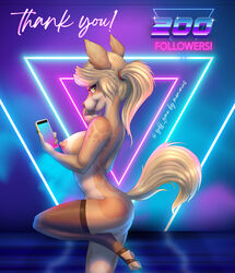 absurd_res anthro blonde_hair canid canine cellphone clothing female fur graphicdemon hair hi_res legwear mammal memonius nipples phone pinup pose shy solo stockings synthwave yellow_body yellow_fur yiff_zone