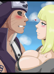 1boy 1girls arm_tattoo assertive assertive_female big_breasts black_sclera blonde_hair blue_eyes blunt_bangs blush bob_cut breast_press breasts breasts_against_chest busty clenched_teeth colored duo duo_focus edit face_to_face facial_markings forehead_protector ginkaku headband high_collar hikamori huge_breasts kimono kumogakure_symbol long_hair looking_at_another looking_at_partner male/female male_with_female mature mature_female metaknighta naruto naruto_(series) naruto_shippuden nervous no_bra purple_eyes samui seducing seductive seductive_eyes seductive_look seductive_smile side_view sideboob silver_hair sleeveless sleeveless_shirt smile spoken_heart tattoo tease teasing third-party_edit uncomfortable vest voluptuous whisker_markings whiskers