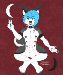 5:6 6_breasts animal_genitalia anthro balls batboybasil blue_hair breasts canid canine canis claws collar colored_nails crossed_legs demon ear_piercing facial_piercing fangs feet fully_sheathed fur fur_markings futanari genitals grey_body grey_fur gynomorph hair hi_res horn intersex mammal markings moon multi_breast nails nipples nose_piercing occult pawpads paws penis piercing satanic sheath short_hair solo sparx_(badgrrl) spiked_collar spikes tattoo teeth video_games white_body white_fur wolf