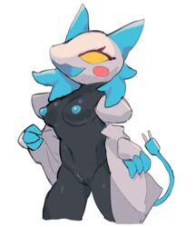 2021 3_fingers anthro areola black_body black_skin blue_areola blue_hair blue_mouth blue_nipples blue_pussy bottomless clothed clothing coat coat_only cord_tail deltarune empty_eyes felid feline female female_focus female_only fingers furry furry_only genitals hair hi_res looking_away mammal mostly_nude naked navel nipples nude pussy simple_background solo solo_female solo_focus star-rod tail tasque_manager_(deltarune) thick_thighs topwear topwear_only undertale_(series) video_games white_background white_body white_skin yellow_eyes