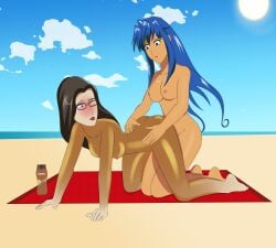 2girls agent_aika aika_sumeragi all_fours anoneysnufftan applying_sunscreen ass baroness_(g.i._joe) beach blue_eyes blue_hair blush breasts brown_hair coppertone dark-skinned_female defeated defeated_villainess edasbild embarrassed embarrassed_nude_female female female_only g.i._joe glasses humiliation imminent_death imminent_orgasm killer_lotion kneeling long_hair lotion lotion_bottle massage multiple_girls murder nipples nude ocean oil oiled peril punishment rubbing sand seaside shivie_aika sky snuff summer sunbathing sunscreen towel