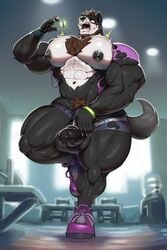 anthro balls bench_press big_balls big_muscles big_pecs big_penis black_body black_fur black_nipples bottomwear bracelet brown_hair brown_pubes canid canine canis chest_tuft clothing crotch_tuft facial_hair footwear fur genitals growth hair hand_on_penis huge_balls huge_muscles huge_pecs huge_thighs inside jewelry male male_only mammal multicolored_body multicolored_fur muscle_growth muscular muscular_anthro muscular_male muscular_thighs nex_anima_canis nipples open_mouth pantheradraws pecs penis pubes shirt shoes shorts sneakers solo surprise sxfpantera thick_thighs topwear torn_bottomwear torn_clothing torn_shirt torn_shorts torn_topwear tuft two_tone_body two_tone_fur whistle_(object) white_body white_fur wolf