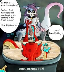 1futa 1girls absurd_res anthro bathtub bodily_fluids completely_nude cum cum_bath date demon female foot_fetish foot_play footjob futa_on_female futanari genital_fluids hi_res kobold magic_user massage nari_(soulwing98) nude nude_female nude_futanari sex soulwing98 speech_bubble witch worshipping