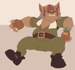 2021 4_fingers 5_fingers absurd_res anthro arnie_(league_of_legends) balls_outline big_bulge big_muscles big_pecs black_belt black_clothing black_footwear black_shoes bottomwear bristol brown_arms brown_background brown_body brown_chest brown_clothing brown_ears brown_fingers brown_fur brown_gloves brown_hands brown_handwear brown_head bulge cheek_tuft chin_tuft clothed clothed_anthro clothed_male clothing colored digital_drawing_(artwork) digital_media_(artwork) ear_tuft facial_tuft fingerless_gloves fingers flat_colors fluffy footwear full-length_portrait fur genital_outline gloves green_bottomwear green_clothing green_pants green_shirt green_topwear handwear happy hat headgear headwear hi_res humanoid_hands league_of_legends legends_of_runeterra male male_anthro male_solo mammal manly muscular muscular_anthro muscular_male open_clothing open_mouth open_shirt open_smile open_topwear pants pecs penis_outline pink_inner_ear portrait pose presenting_bulge red_clothing red_hat red_headwear riot_games rolled_up_sleeves shirt simple_background sitting smile spread_legs spreading three-quarter_view topwear tuft video_games wearing_goggles white_tusks yordle zipper zipper_down