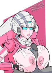 1boy 1boy1girl 1girls arcee areola areolae big_breasts blue_eyes blush breasts breasts_out exposed_breasts eyelashes female headwear helmet lordstars male male/female nipples paizuri penis pink_body robot robot_girl robot_humanoid titfuck titjob transformers transformers_g1