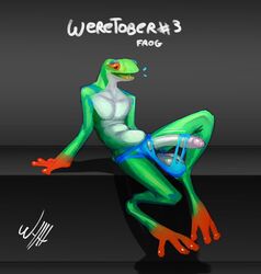 amphibian anthro balls big_balls blush clothing erection foreskin frog genitals hi_res long_penis male male_focus male_only male_solo penis red_eyes sitting smile solo solo_male torn_clothing were werefrog weretober wyth