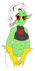 1:2 alien breasts clothing female genitals gloves green_body green_skin handwear hi_res humanoid kamikiller lord_dominator muscular muscular_female pussy red_eyes shirt solo tank_top topwear undressing wander_over_yonder