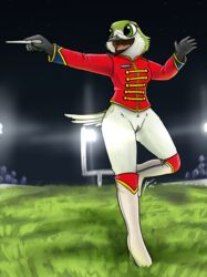 absurd_res anthro avian bird bottomless clothed clothing conductor female fish_birb genitals hi_res hummingbird majorette marching marching_band_uniform no_underwear pussy sarah_(fish_birb) solo