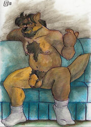 2001 anthro balls beckoning body_hair canid canine canis captaingerbear clothing facial_hair footwear foreskin furniture genitals gesture male mammal nipple_piercing nipples penis piercing sitting socks sofa solo wolf