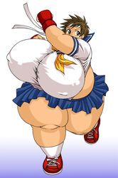 1girls belly breast brown_eyes brown_hair capcom chubby chubby_female fat female female_focus female_only hips hyper hyper_breasts large_breasts nipple_bulge sakura_kasugano school_uniform schoolgirl schoolgirl_uniform short_skirt skirt sneakers street_fighter tetsujinex thick_thighs thighs wide_hips