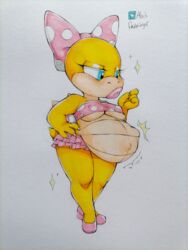 abesdrawings anthro big_breasts big_lips bow breasts eyelashes female fetal_movement frilled_skirt koopa koopaling lips lipstick looking_at_hand mario_(series) motion_lines nintendo nipple_bulge polka_dot pregnant pregnant_belly reptile short_skirt skirt small_breasts sparkles thick_lips thick_thighs traditional_media_(artwork) tubetop turtle_shell unborn_kicking underboob video_games wendy_o._koopa white_background young young_female young_woman