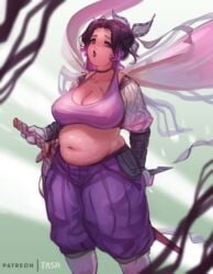 alternate_body_type alternate_costume big_belly big_breasts black_lipstick butterfly_hair_ornament choker chubby chubby_female cleavage crop_top demon_slayer female female_only gloves kimetsu_no_yaiba kochou_shinobu long_sleeves looking_at_viewer overweight overweight_female purple_eyes purple_hair solo sports_bra sword tashoelle two_tone_hair