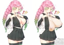 !! big_breasts braided_hair breast_expansion breasts breasts_out cleavage clothing cowboy_shot demon_slayer dressing enormous_breasts female female_only frustrated green_eyes haori huge_breasts kanroji_mitsuri kimetsu_no_yaiba long_hair no_bra pink_hair pleated_skirt skirt solo struggling_to_fit thick_thighs thighhighs third-party_edit thore_(nathalukpol) two_tone_hair wardrobe_malfunction zettai_ryouiki