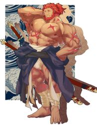 1boy balls bara beard bulge facial_hair fate/zero fate_(series) flaccid gay iskandar_(fate) katana lionbkp male male_only muscles muscular penis red_hair rider solo solo_male sword swords traditional_clothes