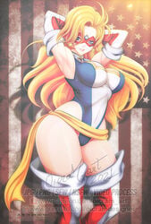 1girls american_flag big_breasts blonde_hair blue_eyes breasts charlotte_vanders female_only huge_breasts kamen_america kamen_america_(series) long_hair oicram_art superheroine thick_thighs thighs