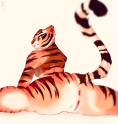 2021 anthro anus ass big_butt black_body black_fur breasts dreamworks english_text felid female flexible fur genitals hi_res kung_fu_panda looking_at_viewer looking_back looking_back_at_viewer mammal markings master_tigress multicolored_body multicolored_fur muscular muscular_anthro muscular_female nude orange_body orange_eyes orange_fur pantherine presenting presenting_hindquarters pussy raised_tail rear_view side_boob simple_background solo splits spread_legs spreading striped_body striped_fur striped_markings striped_tail stripes tail_markings text thick_thighs tiger vksuika watermark white_background white_body white_fur yellow_sclera