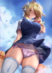 1girls animahakim big_breasts blonde_hair breasts cameltoe eye_contact female genshin_impact large_breasts looking_at_viewer lumine_(genshin_impact) panties standing thick_thighs thighhighs thighs yellow_eyes