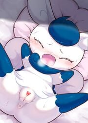 <3_censor 2021 anthro anus blue_body blue_fur blush bodily_fluids breath censored chibi closed_eyes female fur genital_fluids genitals heart kajiura lying meowstic nintendo on_back open_mouth pillow pokémon_(species) pokemon pussy pussy_juice solo spread_legs spreading sweat video_games white_body white_fur