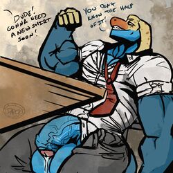 1:1 5_fingers anthro balls balls_expansion biceps big_balls big_biceps big_muscles big_penis blue_balls blue_body blue_penis blue_scales bodily_fluids bottomwear business_attire clothed clothing collared_lizard collared_shirt common_collared_lizard darckhumor deltoids desk dialogue digital_drawing_(artwork) digital_media_(artwork) dripping english_text expansion fingers flaccid flexing flexing_bicep foreskin furniture gay genital_expansion genital_fluids genital_growth genitals grin growth hi_res huge_balls huge_cock huge_muscles humanoid_genitalia humanoid_penis hyper hyper_balls hyper_genitalia hyper_penis lizard male male_only manly monroe_lehner muscular muscular_anthro muscular_arms muscular_male necktie office open_bottomwear open_clothing open_mouth open_pants open_shirt open_topwear orange_body orange_scales outgrowing_clothes pants partially_retracted_foreskin pecs penis penis_expansion penis_growth precum precum_drip precum_on_penis public public_exposure reptile scales scalie shirt simple_background sitting smile solo teeth teeth_showing text thick_penis topwear unbuttoned_shirt under_the_table unzipped vein veiny_penis yellow_body yellow_scales