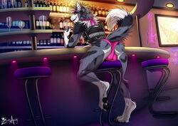 2021 4_toes anthro bar bulge canid canine canis clothed clothing digital_media_(artwork) domestic_dog feet fingers fur furniture grey_body grey_fur hazakyaracely male male_only mammal smile solo stool toes topwear underwear vest