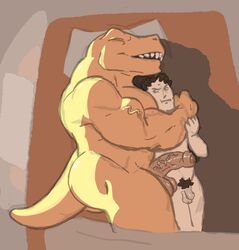 absurd_res anthro balls bed birdy cuddling dinosaur duo foreskin furniture genitals hi_res holding_partner human human_on_anthro humanoid_genitalia humanoid_penis interspecies larger_anthro male male/male mammal muscular muscular_male non-mammal_balls penis penis_size_difference reptile scalie size_difference smaller_human