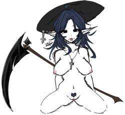 2023 artist_upload bigoldstinker blue_hair breasts elf oc original_character pussy scythe self_upload simple_shading