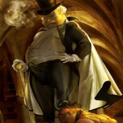 bound bound_neck bulge cape chained chains cigar cigar_smoke clenched_teeth clothed cruelty daddy detailed_bulge duo fat fat_male fully_clothed gay gloves hat inside magician magician_tuxedo mustache nude older_male overweight pants pesrev shoes smoking staff stepped_on stepping_on_head suit suited top_hat white_hair yaoi
