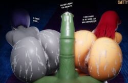 1boy 2girls 3d absurdres after_sex after_vaginal animal_penis artist_name ass ass_focus bare_shoulders beast_boy beast_boy_(dc) colored_skin commentary cum cum_in_ass dc_comics english_commentary english_text female green_skin grey_skin group highres horse_penis horsecock huge_ass long_hair male male_pov nude orange_skin penis pov purple_hair pussy raven_(dc) red_hair short_hair smitty34 starfire tamaranean teen_titans