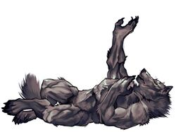 anthro balls barely_visible_genitalia canid canine canis claws digitigrade fluffy fur genitals grey_body grey_fur hi_res lying male mammal muscular muscular_male nmvsolidus reaching_out simple_background solo were werecanid werecanine werewolf wolf yellow_eyes