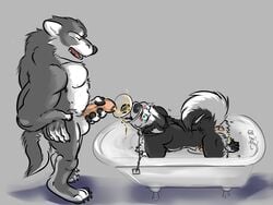 4:3 all_fours anthro anthro_on_anthro anus bathtub biped blue_eyes blush bodily_fluids canid canine canis chains collar domestic_dog dominant dominant_male drinking drinking_urine duo fingers force_feeding forced funnel funnel_gag funnel_in_mouth gag gagged genital_fluids genitals hi_res holding_penis husky kaputotter leaking leash long_story looking_at_another looking_up male male/male mammal nordic_sled_dog open_mouth peeing penis raised_tail spitz standing story story_in_description submissive submissive_male urine urine_in_mouth urine_stream watersports wolf