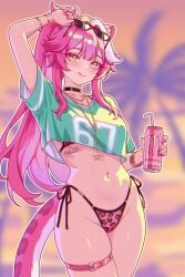 1girls choker crop_top female finn_flint gta_vi_cover_girl hair_tied_up hololive hololive_english leopard_print_bikini monster_energy_drink navel navel_piercing panther_ears panther_girl panther_tail pink_hair raora_panthera tattoo_under_breasts thigh_strap virtual_youtuber vtuber