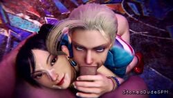 1boy 1girls 3d 3d_animation animated ass ass_focus ass_up ass_view ass_visible blonde_hair blowjob cammy_white chun-li cum_on_face dominant_female fellatio female_on_top looking_at_viewer pov red_lipstick sitting_on_chair smiling_at_viewer sound stoneddude street_fighter street_fighter_6 tagme threesome video virt-a-mate virtamate
