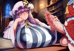 1futa 1girls ai_generated big_breasts big_penis book bookshelf breasts covered_nipples crescent dress expressionless flandre_scarlet frown futanari gigantic_breasts handjob hat huge_breasts huge_penis library long_hair multiple_girls patchouli_knowledge penis purple_eyes purple_hair sleepgens striped testicles touhou veins veiny_penis visible_nipples