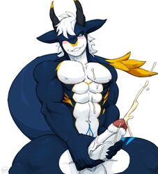 0onooo66 2021 anthro balls barely_visible_nipples black_sclera blue_body blue_eyes bodily_fluids claws countershading cum cumshot dragon ejaculation genital_fluids genitals hair horn humanoid_genitalia humanoid_penis kemono looking_at_viewer male male_focus male_only male_solo masturbation muscular nipples one_eye_closed penile penile_masturbation penis simple_background smile smiling_at_viewer solo solo_male vein veiny_penis white_background white_body white_countershading white_hair wink winking_at_viewer