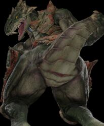 3d_(artwork) animal_genitalia anthro armor ass biped butt_focus cloaca digital_media_(artwork) female genitals hi_res horizontal_cloaca lizard mostly_nude muscular open_mouth presenting presenting_cloaca quake quake_champions raised_tail reptile reptilligator scalie sharp_teeth simple_background sorg_(species) sorlag teeth thick_thighs tongue veiny_muscles wide_hips yellow_sclera
