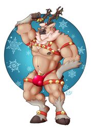 2017 ankle_tuft anthro arm_tuft armband armpit_hair balls_outline barazoku bell big_muscles black_hooves black_horn black_nipples black_nose body_hair briefs brown_body brown_fur bulge capreoline cervid christmas clothing fur genital_outline green_eyes hand_on_hip harness hi_res holidays holly_(plant) hooves horn leg_tuft legband looking_at_viewer male mammal muscular muscular_anthro muscular_male nipples penis_outline plant reindeer rheobear smile snowflake solo solo_male standing thighband tuft underwear wrist_tuft