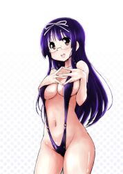 10s bad_id bad_pixiv_id bakuon!! bikini breasts brown_eyes female female_focus glasses gradient_background hair_ribbon looking_at_viewer looking_over_eyewear medium_breasts minowa_hijiri mizushima_(p201112) navel o-ring o-ring_bikini open_mouth polka_dot polka_dot_background purple_hair ribbon slingshot_swimsuit solo standing swimsuit white_background white_ribbon