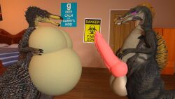 3d 3d_(artwork) anthro anthro_dinosaur anthro_spinosaurus anthropomorphic aroused balls ballsack bedroom belly big_breasts blush blushy breasts chubby cock dick dino dinosaur erect erection fat gut horny penis primal_carnage_spinosaurus spino spinosaurus tummy xm1c