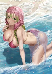 all_fours alternate_costume beach big_ass big_breasts bikini blush braided_hair cleavage demon_slayer detailed detailed_background female female_only green_eyes hanging_breasts hi_res huge_breasts kanroji_mitsuri kimetsu_no_yaiba long_hair looking_at_viewer mole_under_eye nipple_bulge partially_submerged pink_bikini pink_hair sarong silvertsuki smile solo swimsuit two_tone_hair water