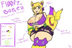 1girls areolae arrow_(symbol) belt blonde_female blonde_hair blox_cards buttplug_tail collar female_only fl00fy_bonez glowstick_bracelet hair_accessory looking_at_viewer nipple_slip no_shading reference reference_sheet roblox roblox_game robloxian short_hair shorts smile text therandombee thick_thighs thighhighs white_background