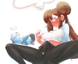 ... 1girls absurdres black_pantyhose blush breasts brown_hair censored commentary_request covered_nipples dewott double_bun female female_masturbation game_freak hair_bun hand_in_own_pantyhose hand_in_pantyhose hand_under_clothes heart heart_censor highres long_hair masturbation nintendo open_mouth pantyhose pokemon pokemon_(creature) pokemon_bw2 raised_inner_eyebrows rosa_(pokemon) shirt sidelocks speech_bubble spread_legs thought_bubble three-quarter_sleeves twintails u4_99384295 white_background