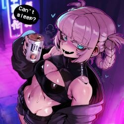 1girls beer big_ass blush bottom_heavy call_of_the_night drinking drunk fangs female_focus jacket lewdrover looking_at_viewer midriff mostly_clothed nanakusa_nazuna seductive_smile shorts skimpy_clothes small_breasts solo_female sweat sweatdrop text text_bubble toned_female vampire vampire_girl wide_hips