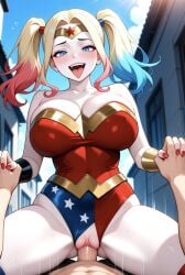 1boy 1girl ai_generated bare_shoulders batman_(series) big_breasts blonde_hair blue_eyes blue_hair blush bracelets breasts cleavage clothed clothed_sex cosplay cowgirl_position dc_comics handholding harley_quinn long_hair multicolored_hair outside penis_in_pussy penis_out pink_hair pov sex smile tiara tongue tongue_out twin_tails vaginal_penetration white_skin wonder_woman_(cosplay)