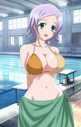 alternate_version_available big_breasts bikini breasts female female_focus female_only göll_(shuumatsu_no_valkyrie) green_eyes hair_ornament hands_behind_back justin_darkgeminis looking_at_viewer open_mouth pool purple_hair short_hair shuumatsu_no_valkyrie smile tagme towel