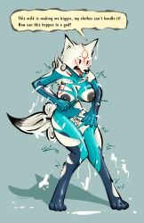 absurd_res amaterasu_(okami) anthro anthrofied areola arm_tuft armpit_hair armpit_tuft big_breasts black_eyes black_lips black_nipples black_nose blush body_hair breasts canid canine canis capcom clothing cosplay crossover crossover_cosplay dialogue embarrassed expansion eyebrows eyelashes female fur genitals growth half_dime hi_res humanoid_hands lips mammal markings metroid milk milk_transformation navel_outline nintendo nipples okami_(capcom) open_mouth pubes red_markings ripping_sound_effect samus_aran shoulder_tuft simple_background skinsuit solo speech_bubble standing stylized_pubes tail teeth thick_thighs tight_clothing torn_clothing torn_skinsuit transformation tuft vulva wardrobe_malfunction white_body white_fur wolf